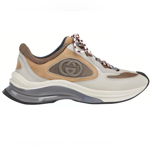 Gucci Leather Upper Run Sneaker Beige Gray Tan Suede - Picture 1 of 7